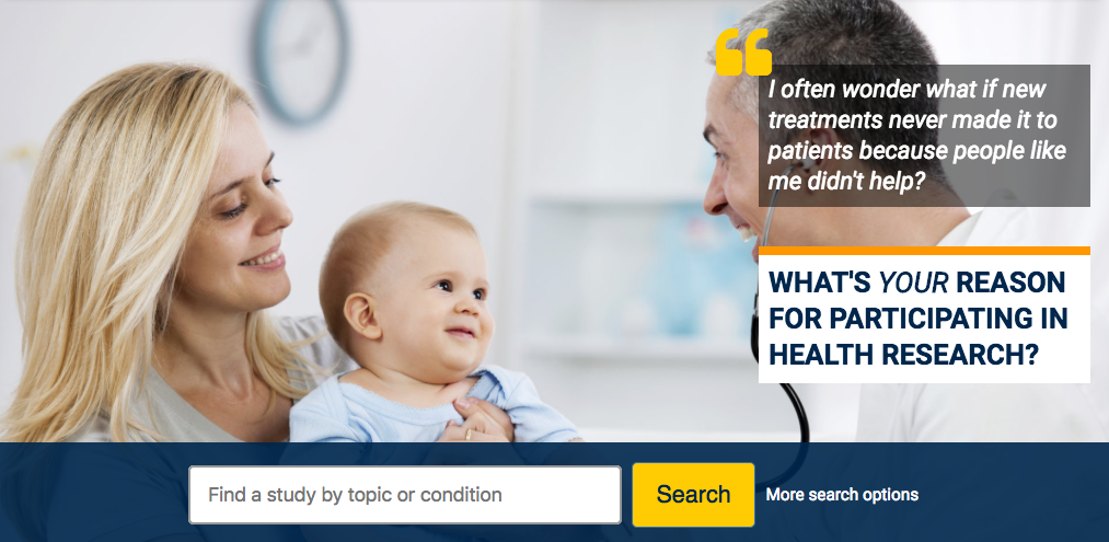 Example HERO image with mother, baby, and homepage search interface