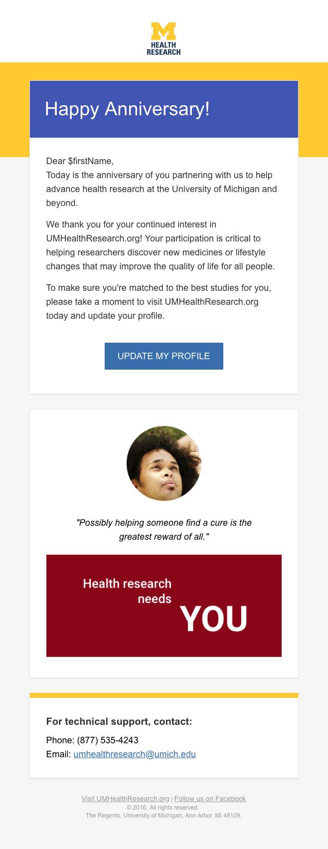 Example anniversary email reminding volunteers to update their profiles