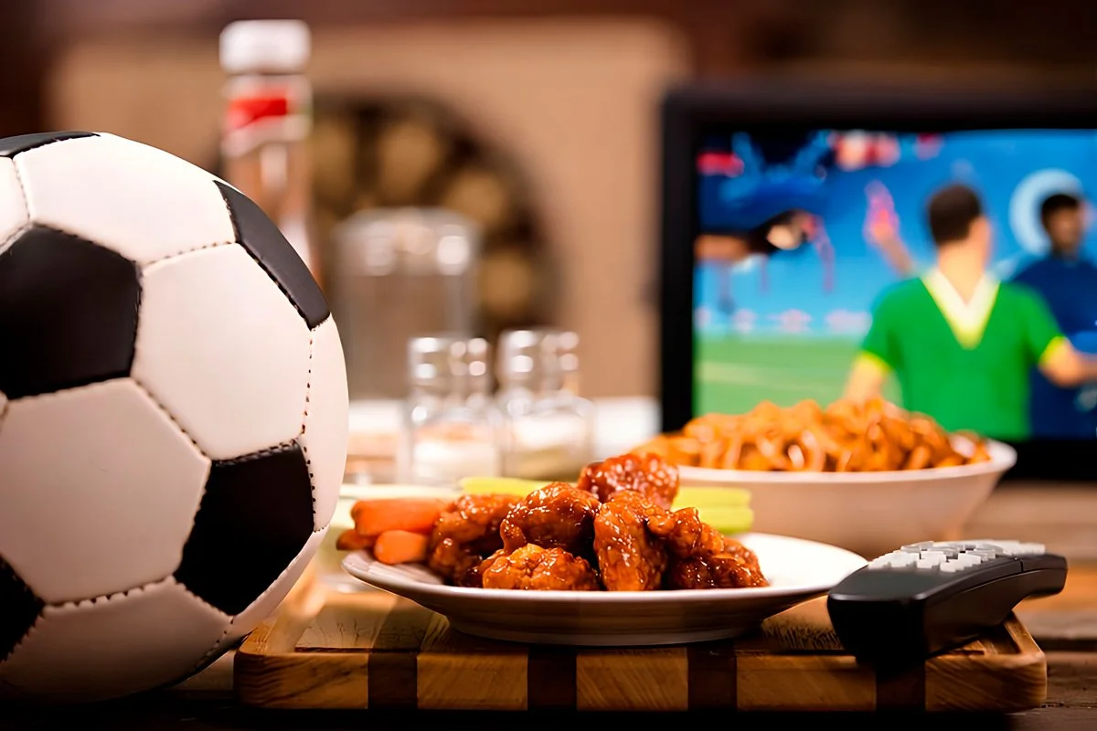 Saucy chicken wings and snacks on a table next to a soccer ball with a soccer match on TV