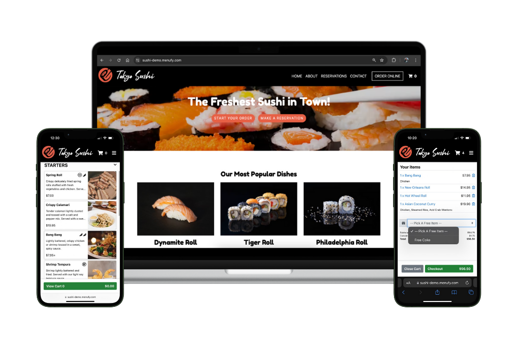 Custom Menufy restaurant ordering website shown on desktop and mobile, with menu browsing, cart, and checkout screens
