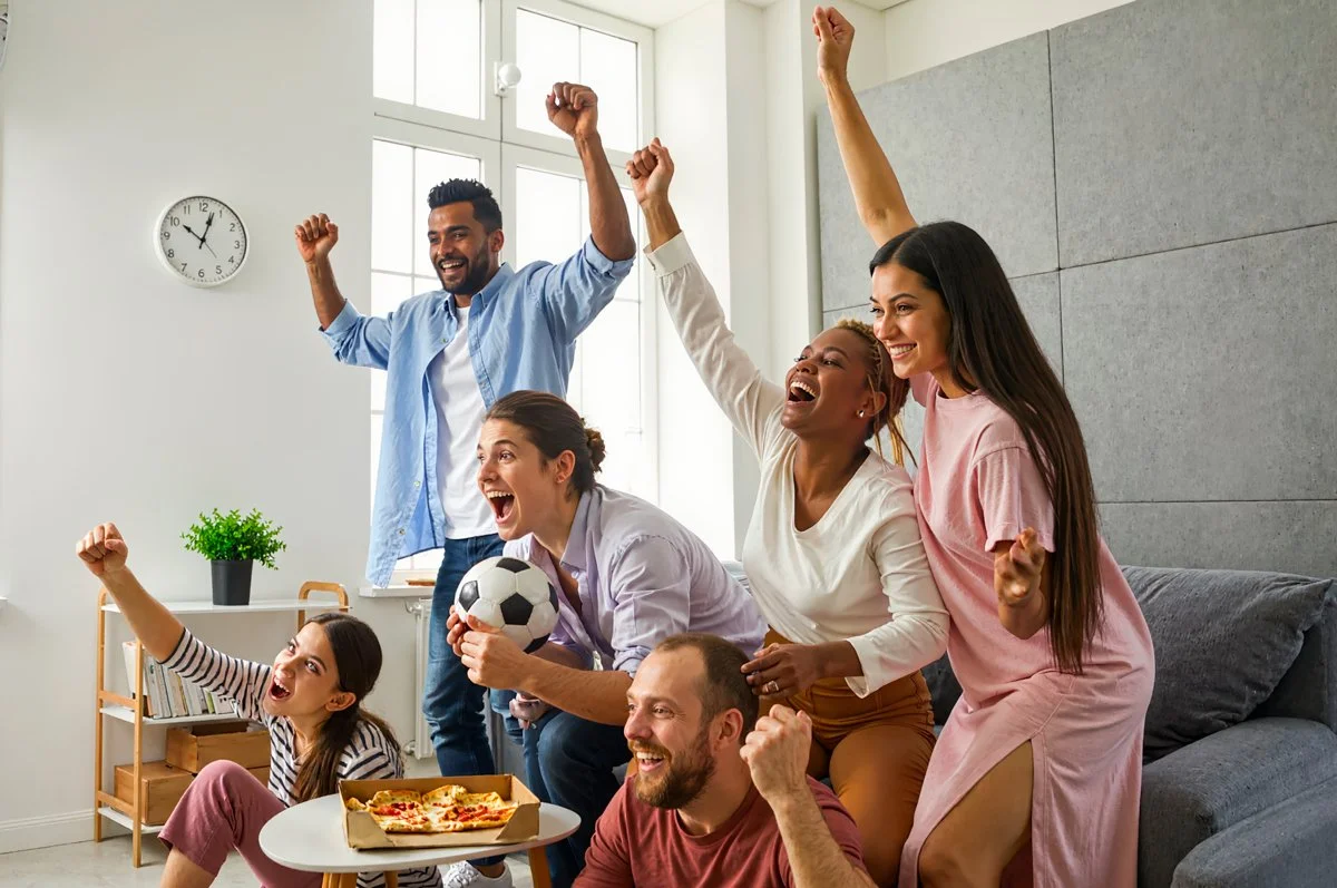Diverse group of friends cheering during a soccer watch party with a pizza box on the table