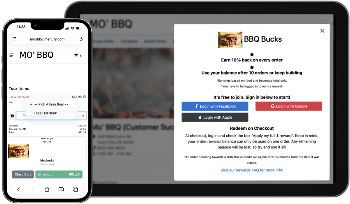 MO' BBQ loyalty program on Menufy — mobile checkout showing BBQ Bucks rewards balance alongside a tablet displaying the BBQ Bucks enrollment screen with sign-in options