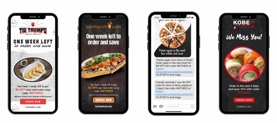 Examples of restaurant email and SMS marketing campaigns on mobile — showing promotional messages and order incentives from independent restaurants