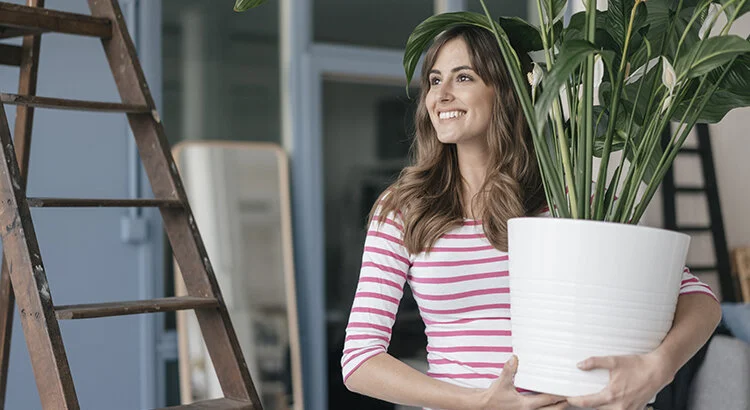 smiling woman holding large potted plant