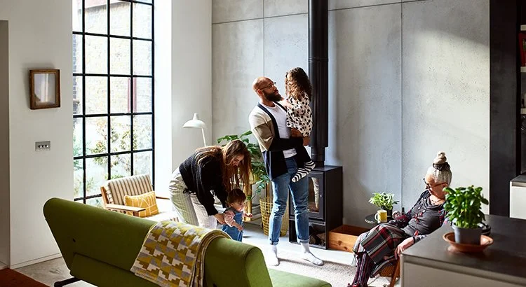 family in living room with grandmother