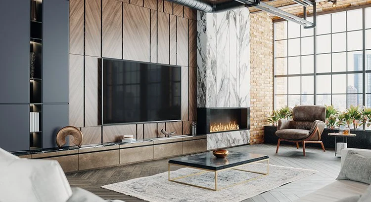 living room with a large screen tv and fireplace