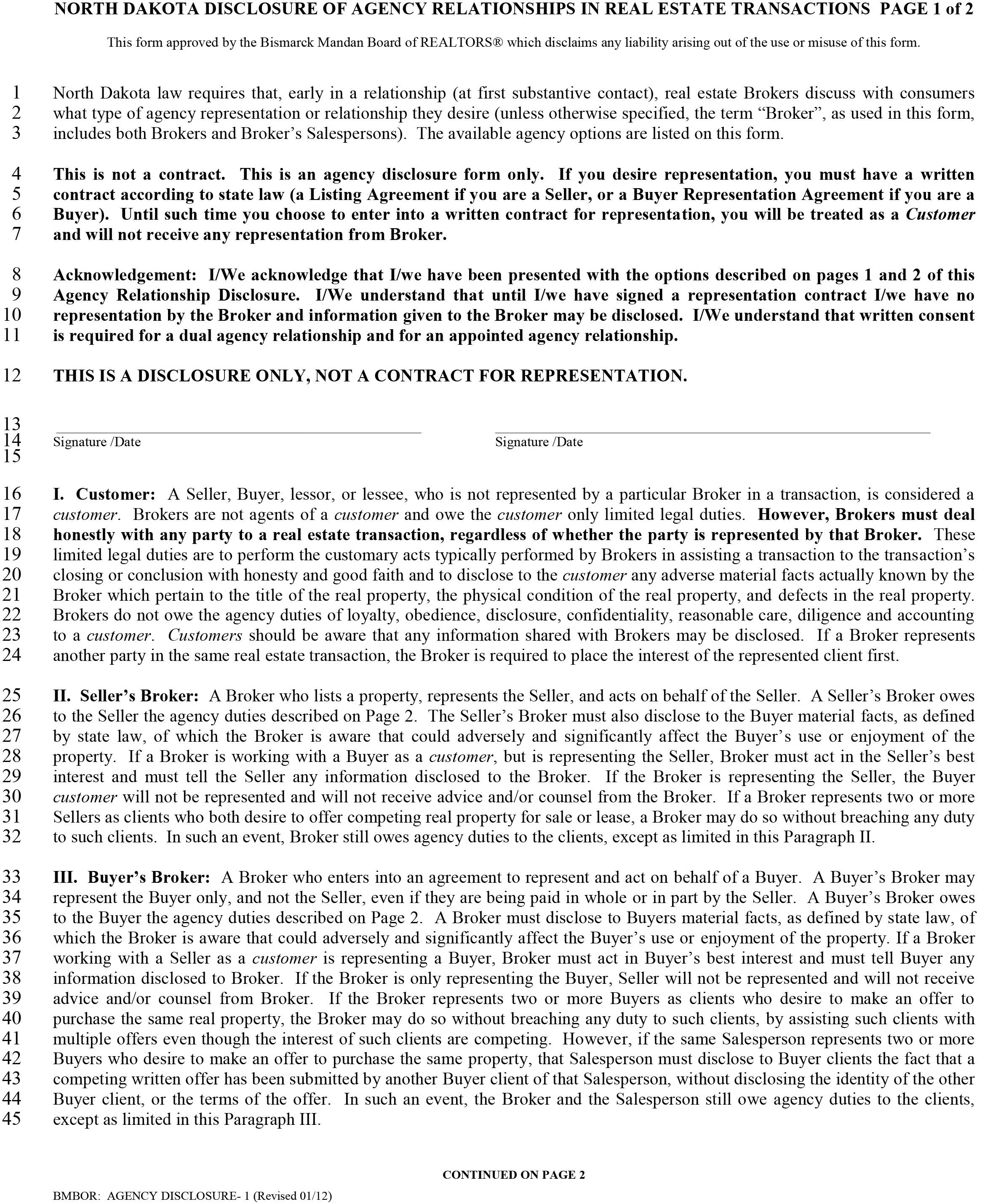 page one of the nd disclosure of agency relationships in real estate transactions