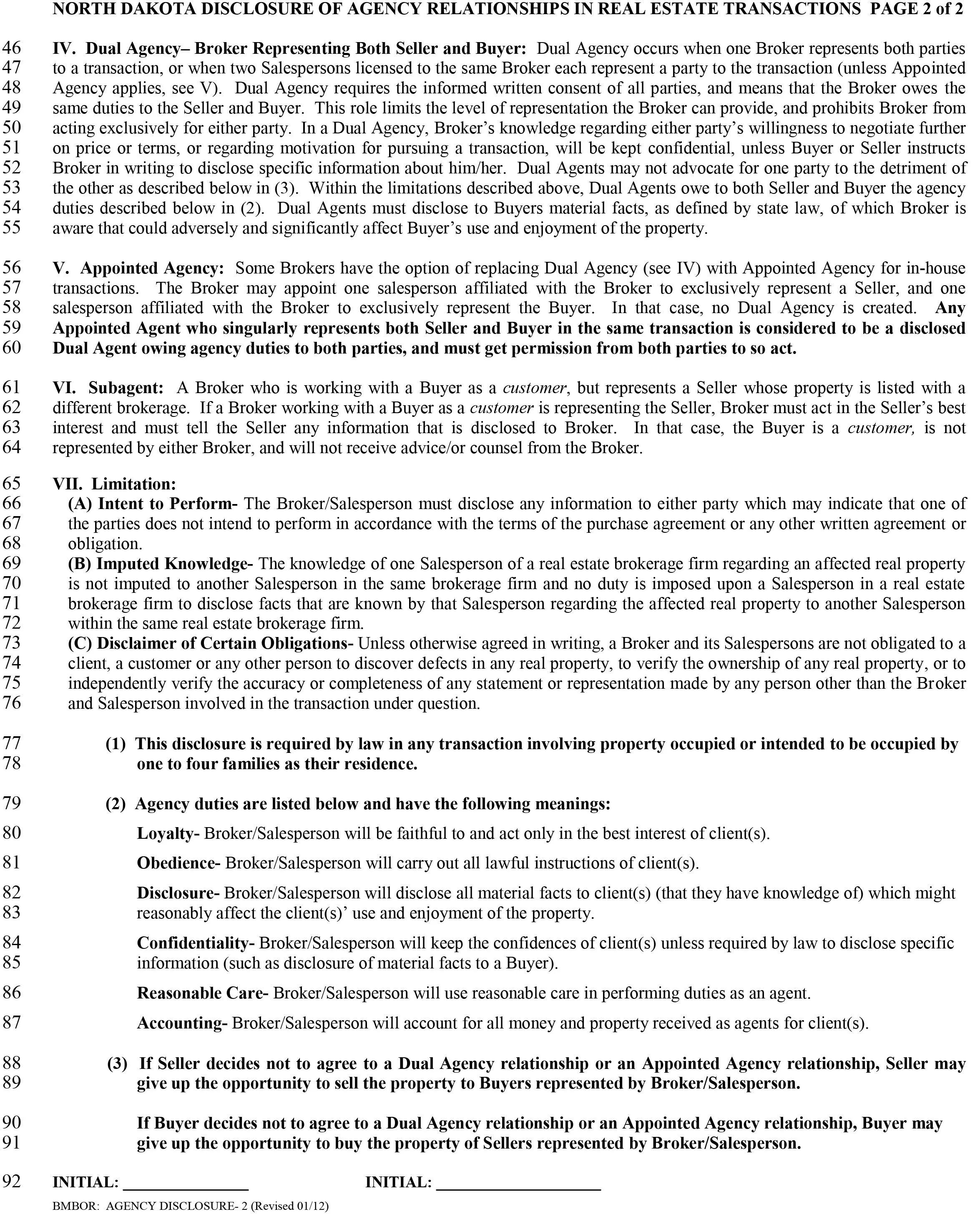 page two of the nd disclosure of agency relationships in real estate transactions form