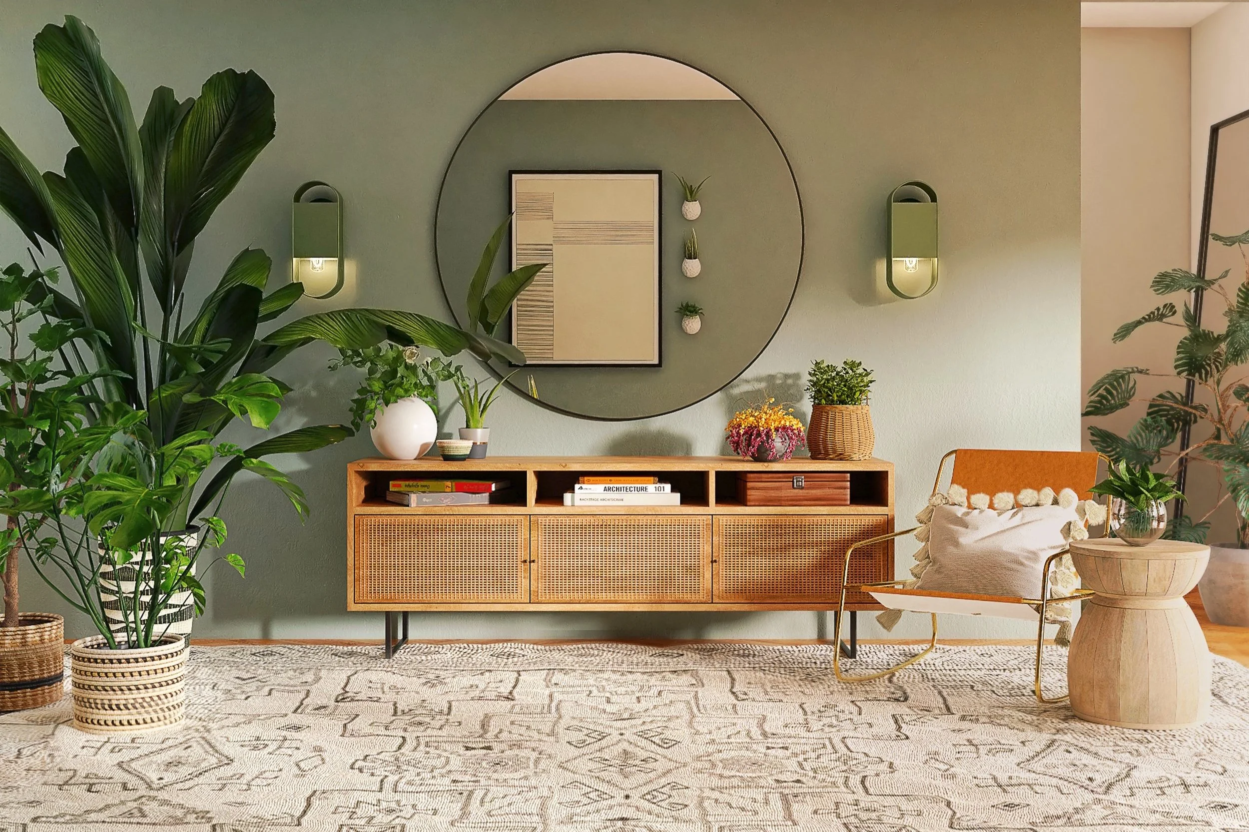 living room with large plant, mirror and rug