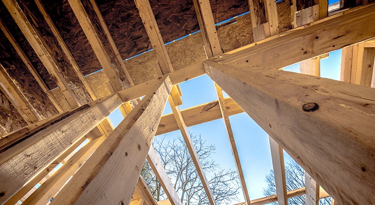 view looking up at wood construction of home