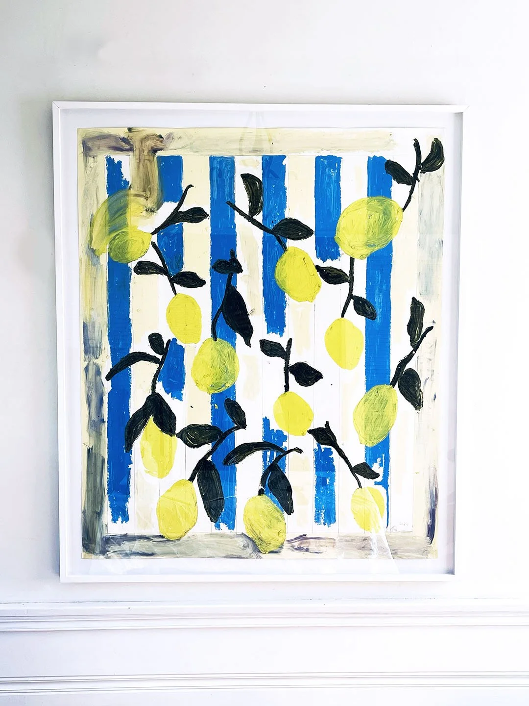  Lemons w Stripes   47 x 55  Professionally framed with Italian molding, Uv protected.  Please email inquiries to:    SalesBradleyBaumkirchnerStudio@gmail.com        