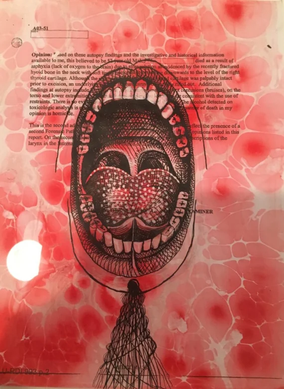 Rajkamal Kahlon, ‘Untitled Series of Autopsy Reports’ (2011) (detail) (click to enlarge) (photo by the author for Hyperallergic)