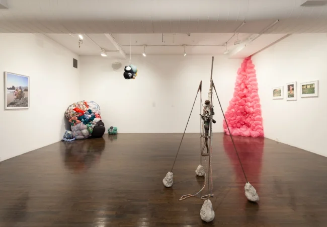 Installation view featuring (left to right) Shinique Smith, Roberto Visani and Maren Hassinger.