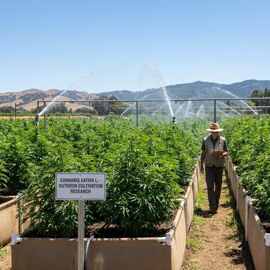Outdoor cannabis cultivation plot with irrigation sprinklers watering rows of plants during warm summer conditions.