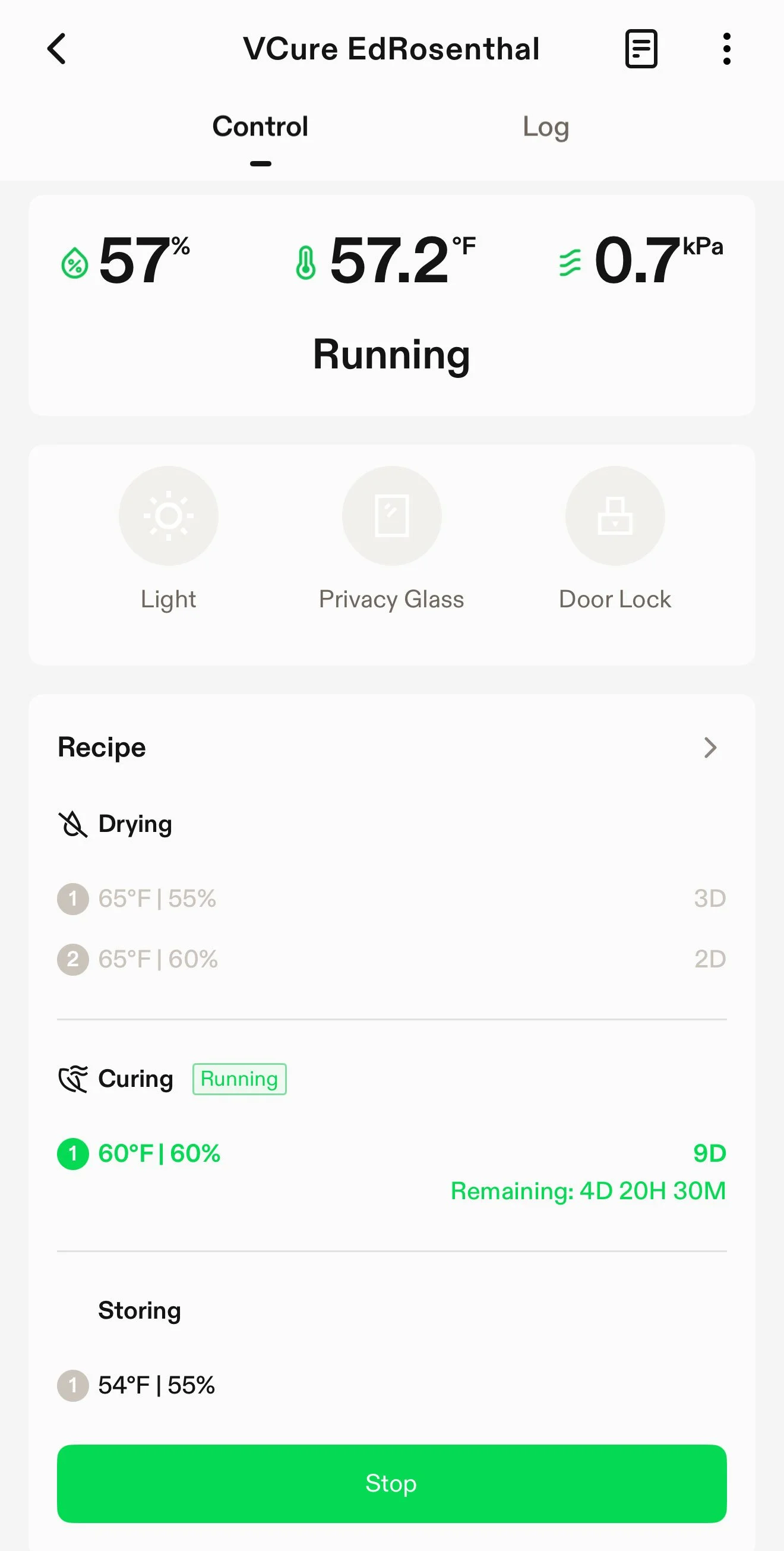 Screenshot of the VIVOSUN VCure app showing temperature, humidity, and drying and curing recipe controls