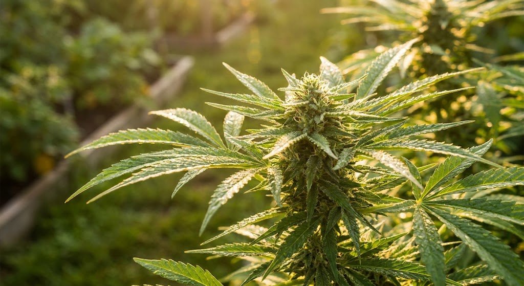 Close-up of a flowering outdoor cannabis plant in golden sunlight with green leaves and developing buds.