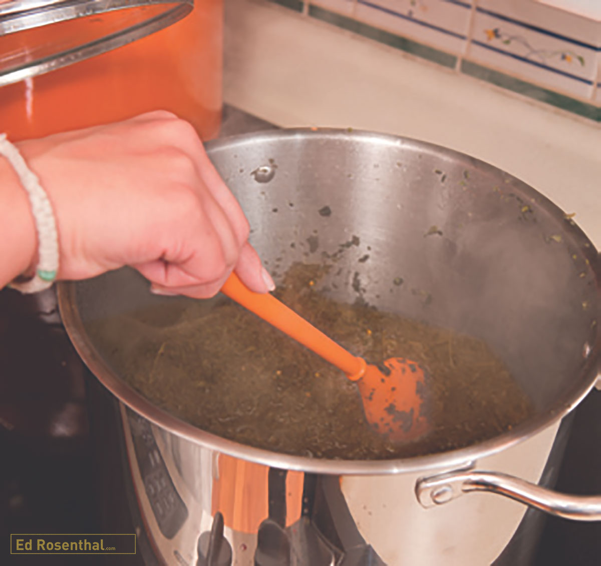 Stirring mixture until it boils, then simmering