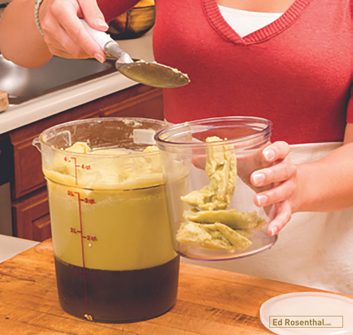  Removing (refrigerated) solidified butter from the water