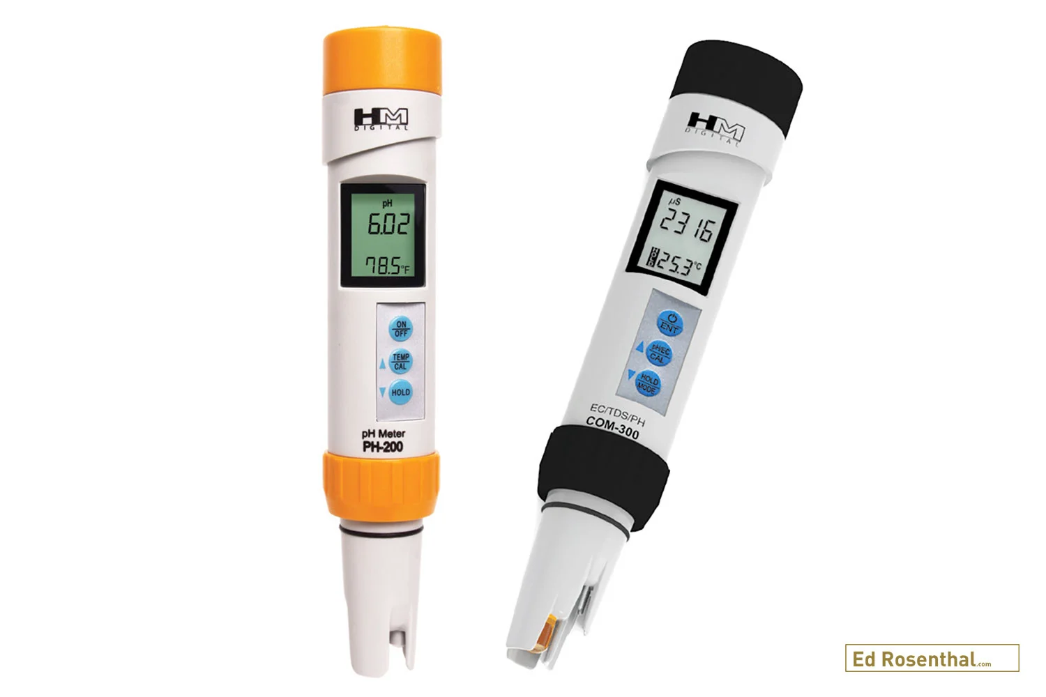 Above are two meters from HM Digital: The PH-200 (left) is a professional grade pH/Temp meter ideal for all pH testing. With an advanced microprocessor and ATC (Automatic Temperature Compensation) it provides highly accurate, dependable readings The COM 300 (right) is a handy combo meter that measures pH/EC/TDS/TEMP. Both are waterproof for durability.