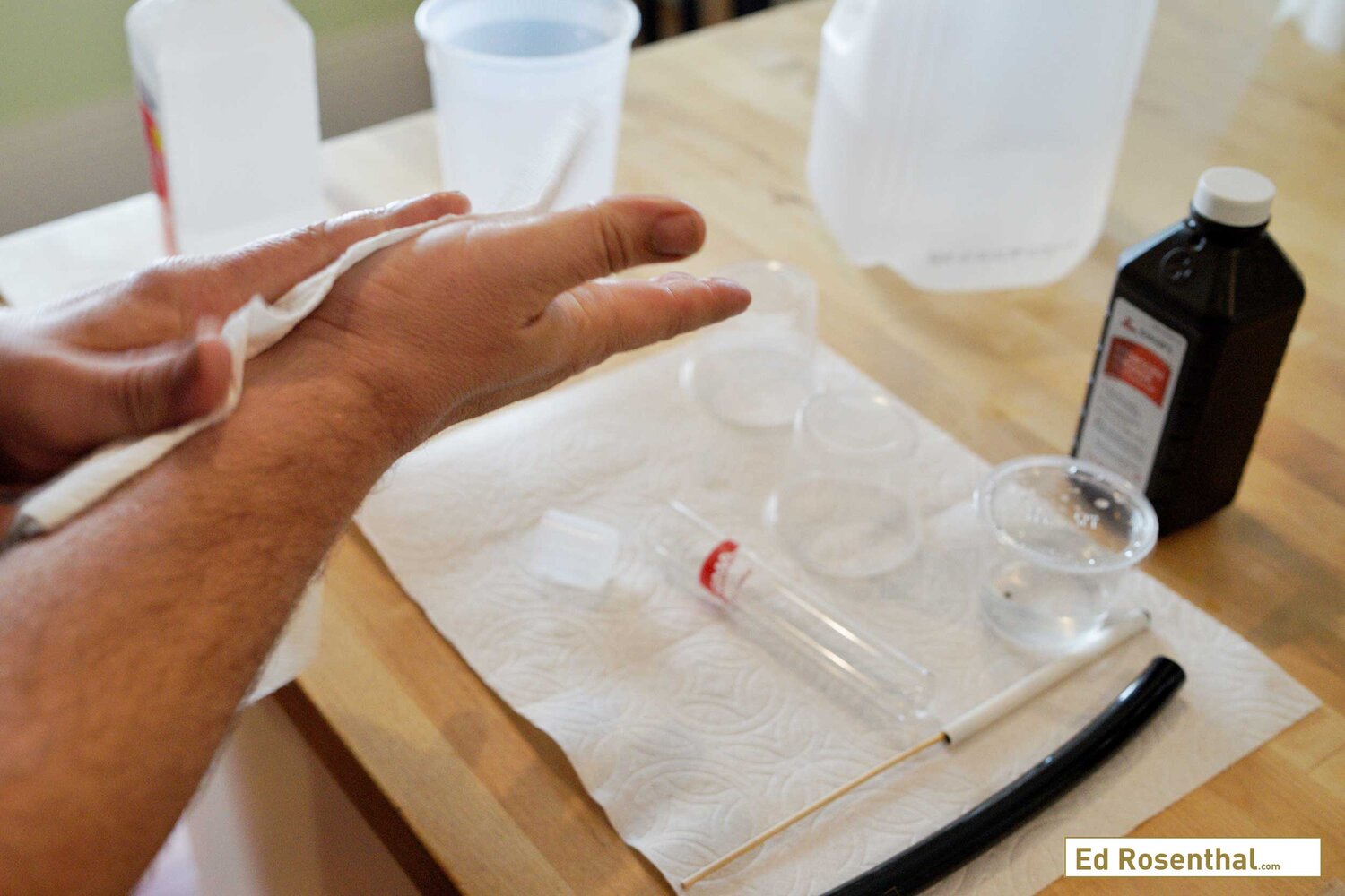 Frank completely sterilizes his hands with alcohol before working with any of the materials in the cannabis germination process. Purple Caper Seeds photo by Lizzy Cozzi.