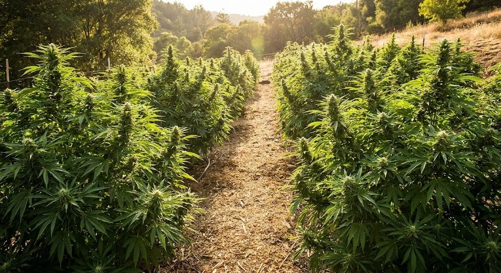 Outdoor cannabis garden with rows of flowering plants and a central path showing spacing between plants.