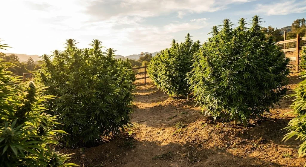 Large outdoor cannabis plants growing with open space between rows for airflow, sunlight, and maintenance access.