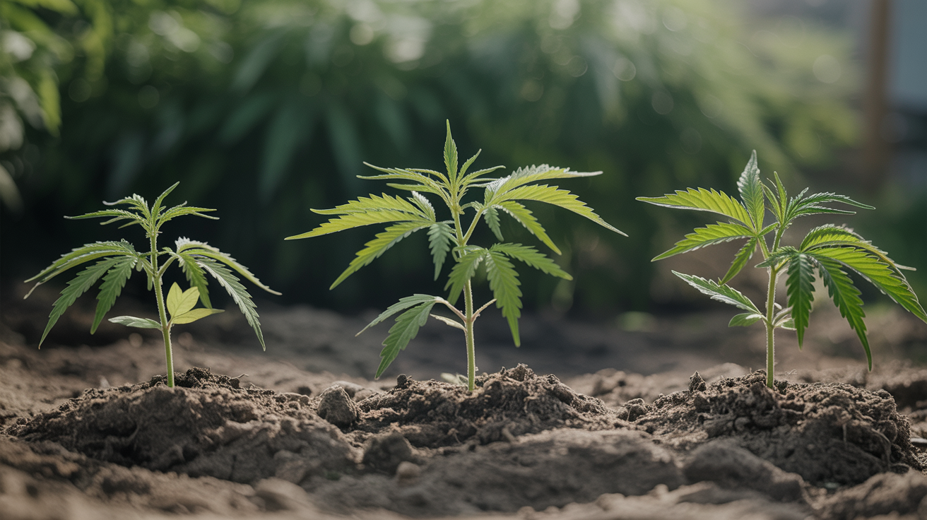 cannabis plants in early vegetative stage growing outdoors in garden bed