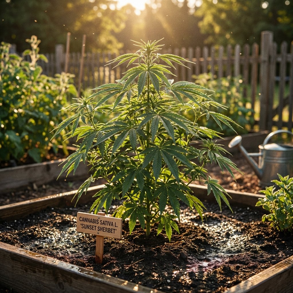 Cannabis plant growing in a raised garden bed with visibly wet soil and morning sunlight in the background.