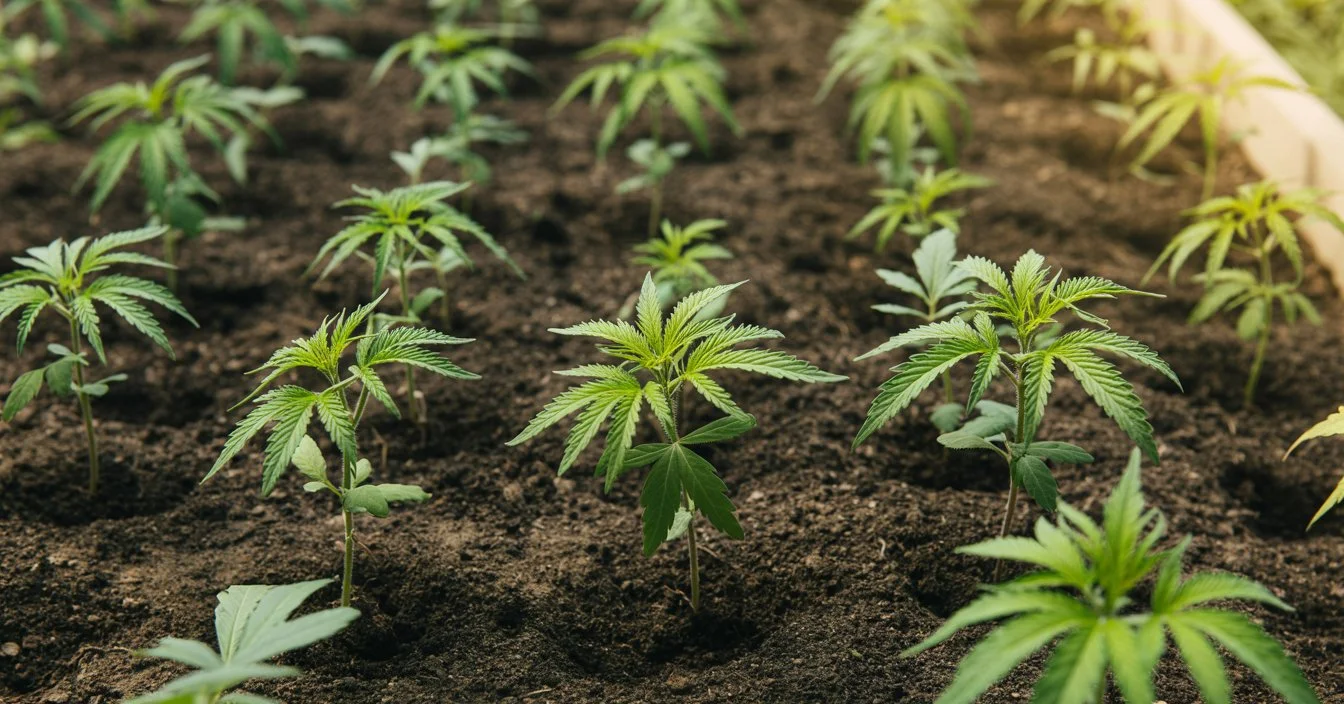 young cannabis seedlings growing outdoors in soil under natural sunlight