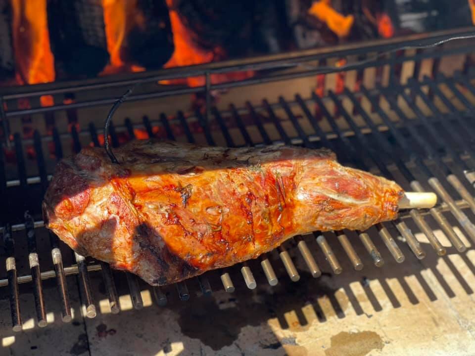 Leg of lamb cooking on an Engel Fire