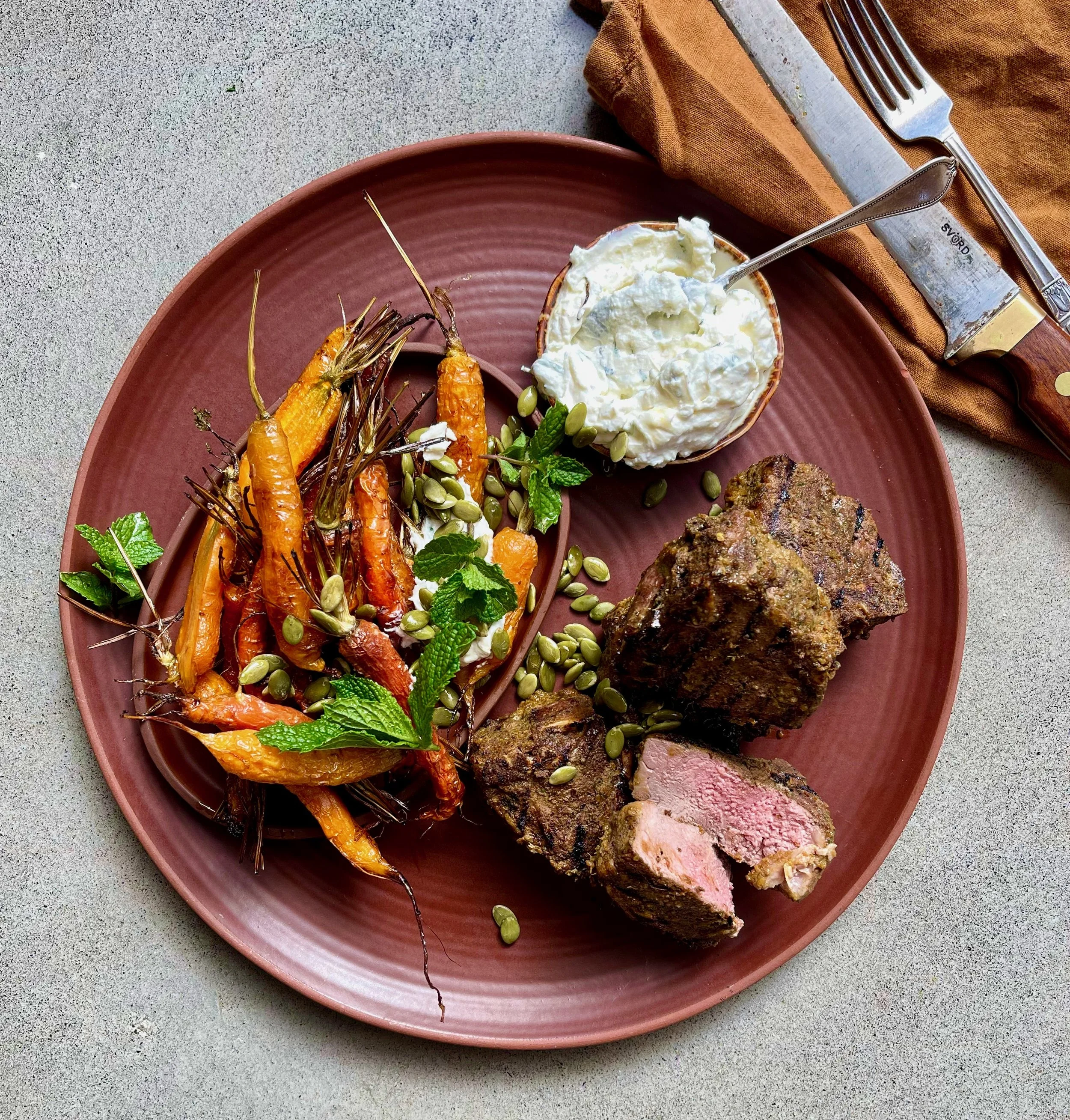 Chermoula rubbed Lamb T-bone with fired carrots (serves 6)