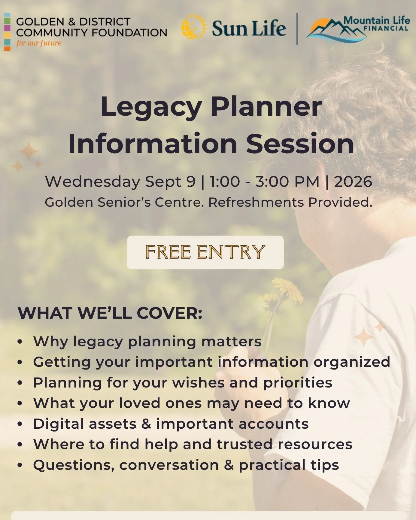 📘 Plan ahead with our Legacy Planner!

Join us and @mountainlifefinancial for an information session about our newly released Legacy Planner; a practical resource to help you organize your affairs, important information, and wishes.

📅 Wednesday, S