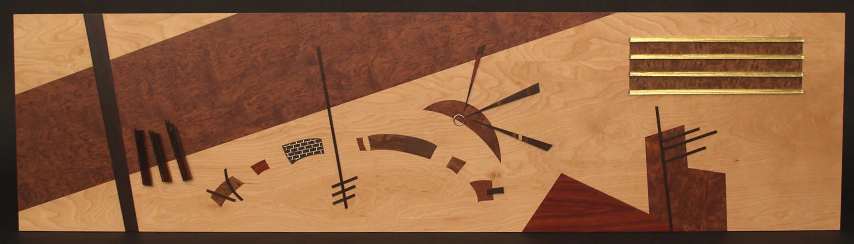 Solid wood and veneer inlayed custom headboard insert panels. Includes glass and metal elements