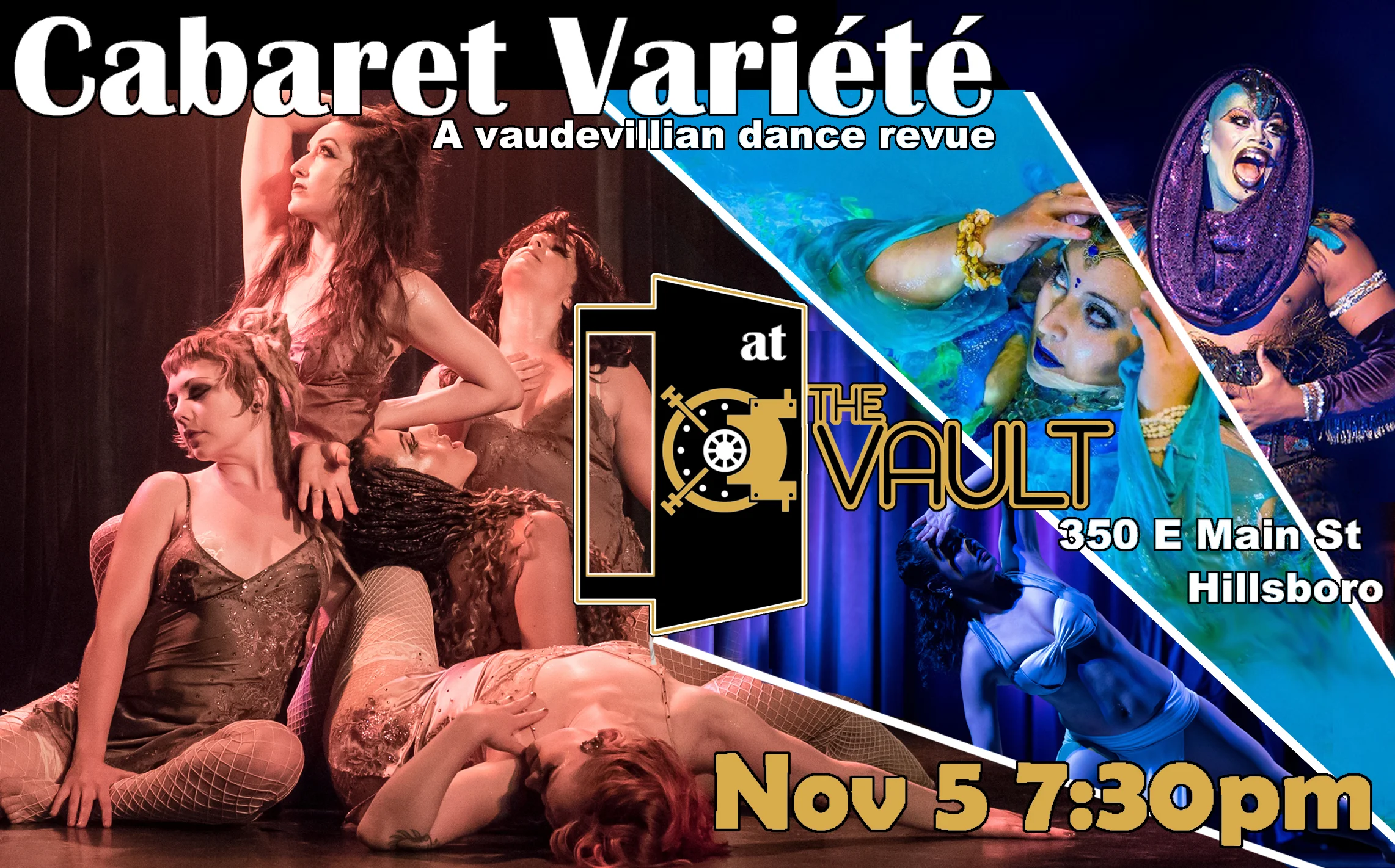 Mon Nov 5, 7:30pm Singing! Dancing! Burlesque! Ballet! Contortion! This brand new partnership between Bag & Baggage Productions and Narcissa Productions brings to the Vault a rotating cast of the most exciting and soul-stirring dance, burlesque, and performance acts around. Often scintillating, always surprising. Premiere event featuring: Portland's glamazon burlesque power duo Isaiah Esquire and Johnny Nuriel. The Allegro Dance Company , an experimental fusion dance collective International star Ashley López Carla Michelle of PDX Contemporary Ballet Local triple-threat powerhouse Bevin Victoria of Sepiatonic . AND MORE! Hosted by professional mermaid Yl'luria Watersong, The Crystalline Siren. Ticket info coming soon! At the Vault Theatre 350 E Main St, Hillsboro OR