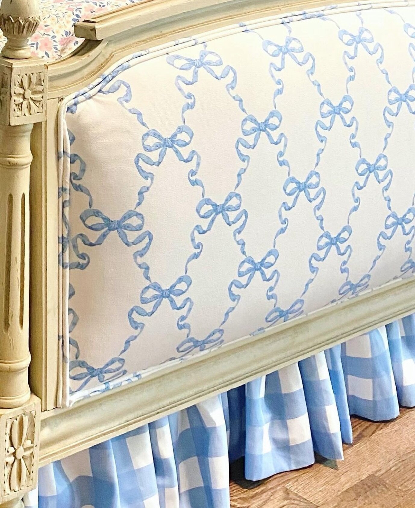 💙Love love how @danikaherrick fabric give this antique bed new life 💙 for the sweetest little client💕