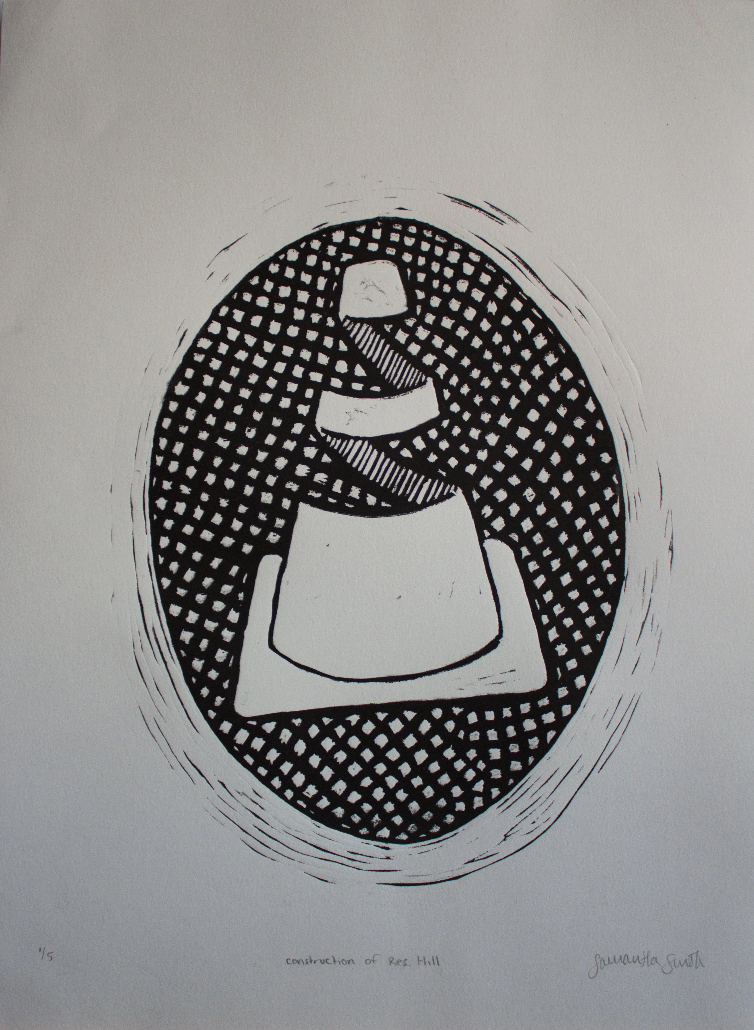 Construction of Res. Hill8.5”x11” black and white relief print