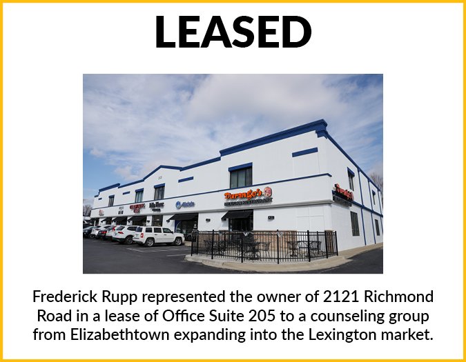 Frederick Rupp represented the owner of 2121 Richmond Road in a lease of Office Suite 205 to a counseling group from Elizabethtown expanding into the Lexington market..jpg
