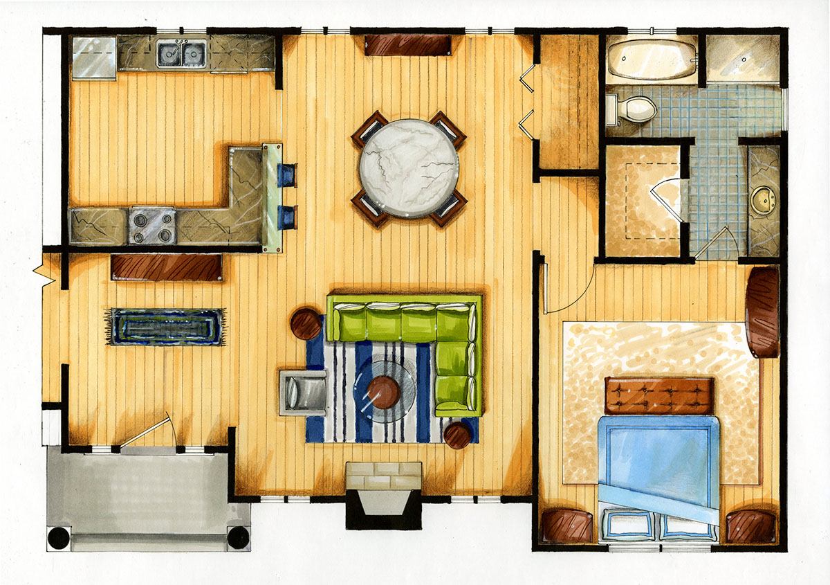 Apartment floor plan (marker and colored pencil rendering)