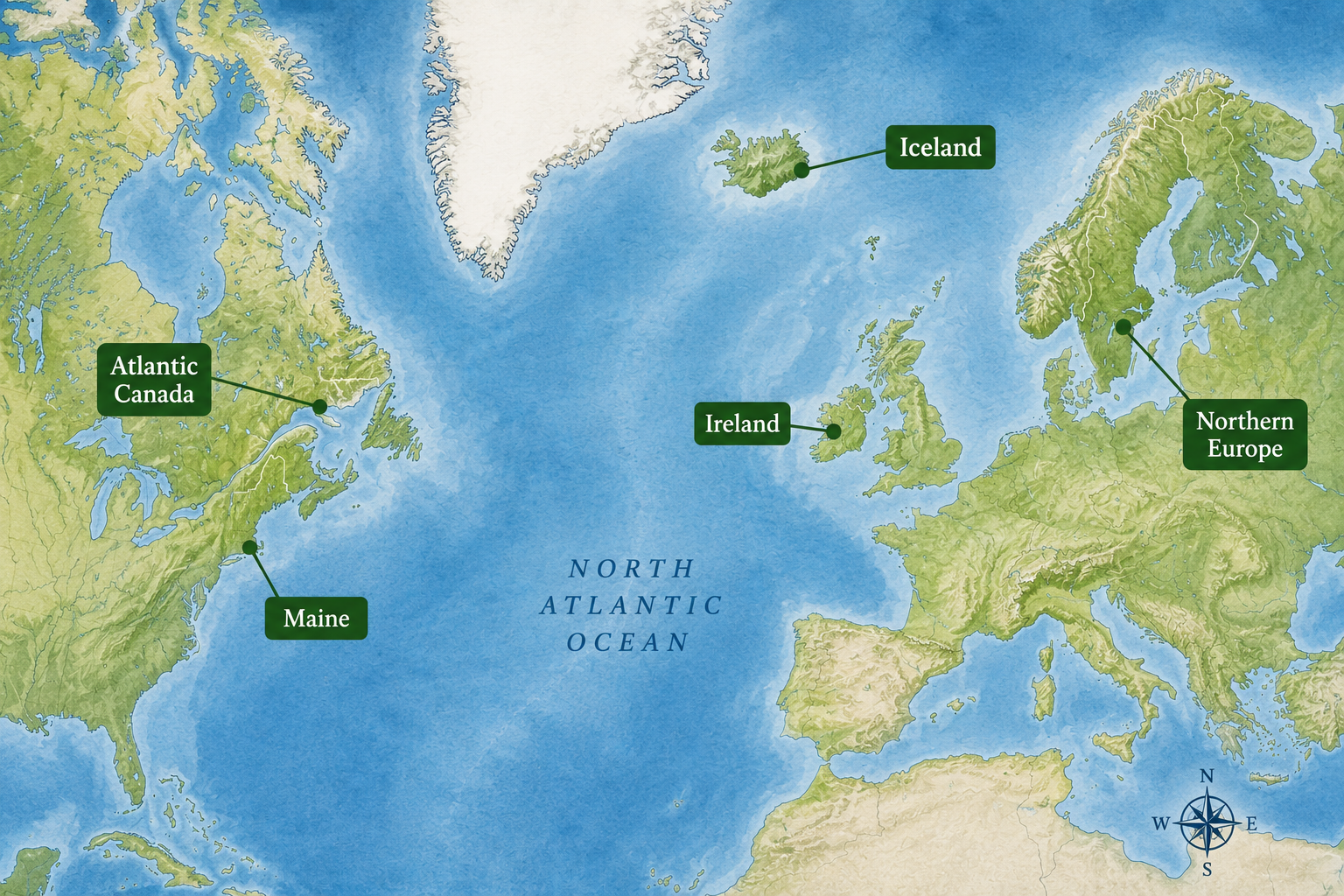 Map showing where Irish moss (Chondrus crispus) naturally grows along the cold North Atlantic coast including Maine, Ireland, Iceland, Atlantic Canada, and Northern Europe