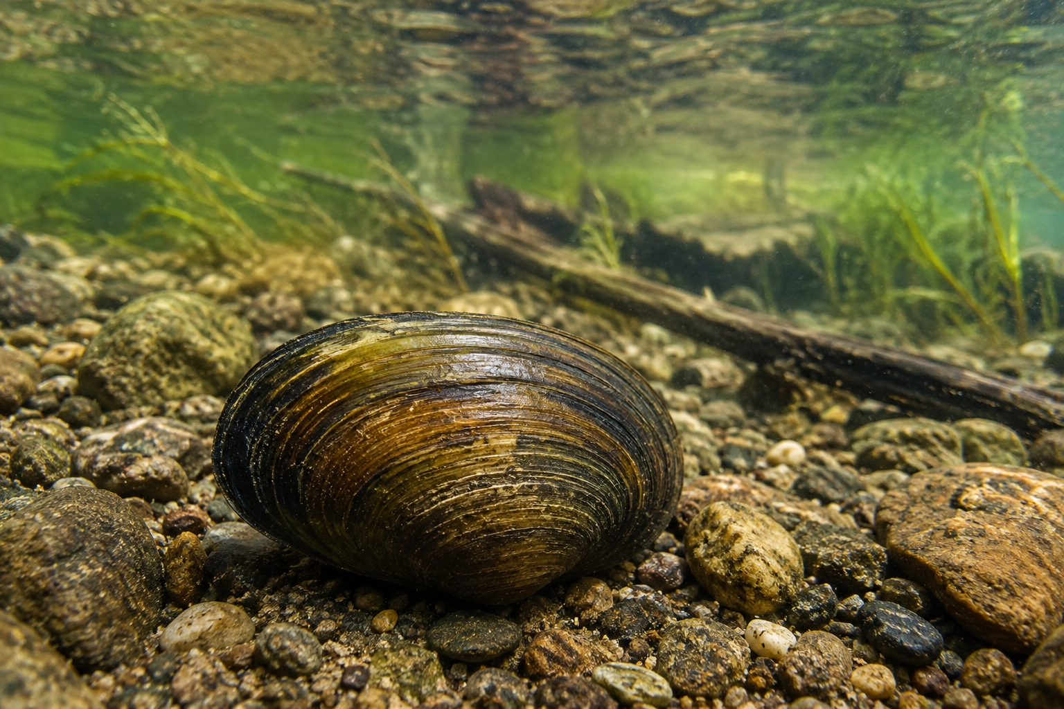 Freshwater mussel resting among rocks and gravel on a riverbed.