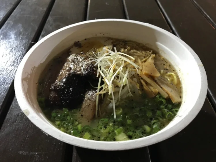 Beefy wild ramen bowl with toasted garlic, bamboo shoot, and scallions. The broth was to die for!