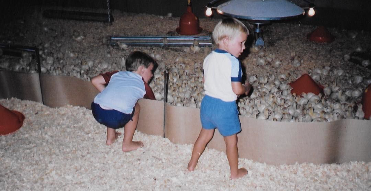 Founder & CEO of Shenandoah Valley Organic, Corwin Heatwole (pictured right), on his family’s turkey farm at three years old, with his brother, Bradly Heatwole of Pine Ridge Poultry and Red Bud Acres . No one is more passionate about poultry than Corwin.