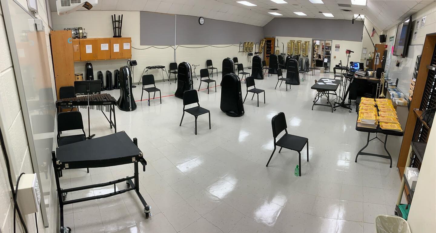 First day of Phase 3 today. We had 38 students total in the band room today. It was AMAZING to get to see students and give &ldquo;elbows&rdquo; but we miss seeing 300 kiddos in this room a day. #TubaCaseBarriers
