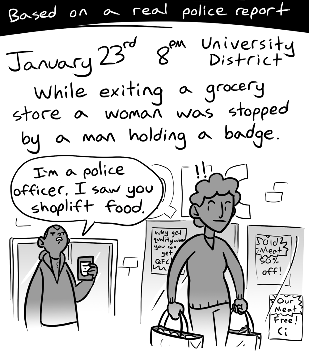 A Man with a Badge Stops a Woman Leaving a Grocery Store and Accuses Her of Shoplifting