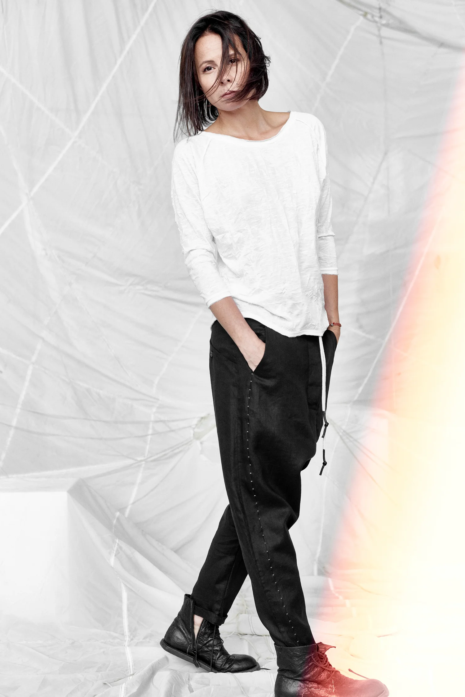 Black Linen Drop Crotch Trousers with 