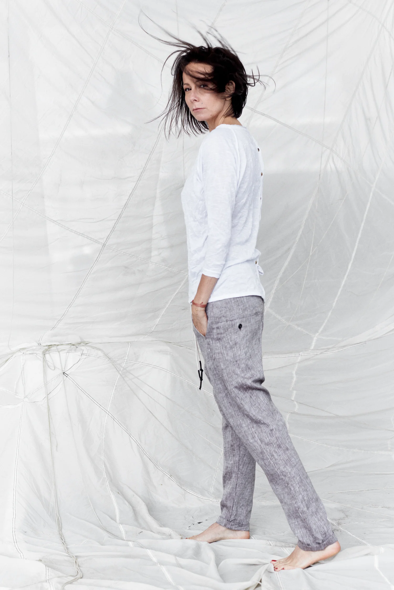 Brown-Grey Linen Drop Crotch Trousers 