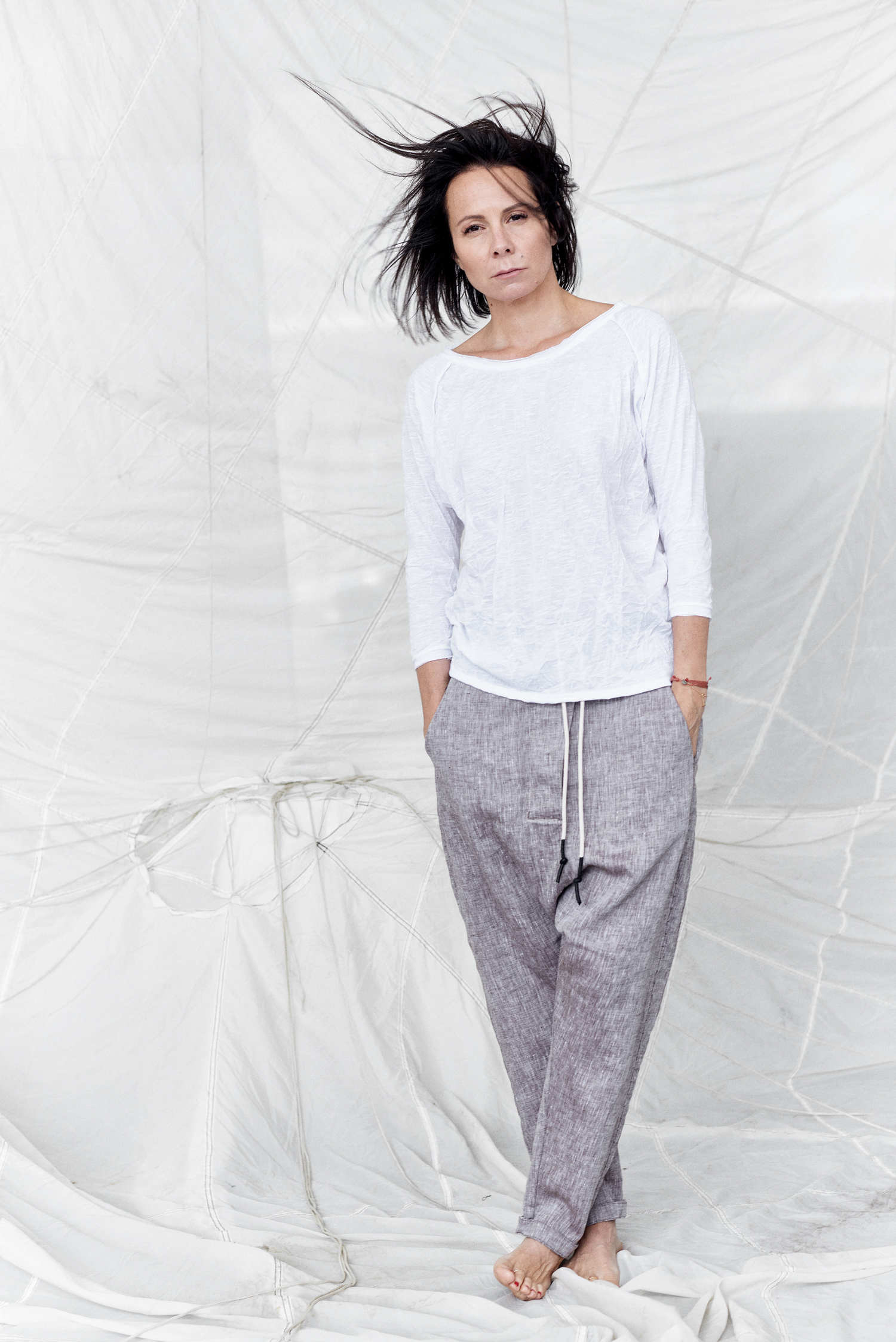 Brown-Grey Linen Drop Crotch Trousers 