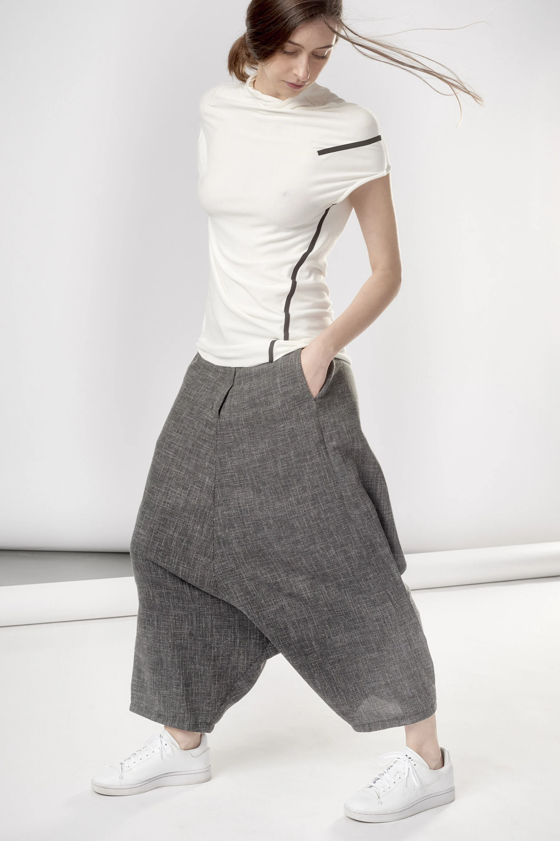 HEATHER GRAY CROPPED WOOL HAREM PANTS 