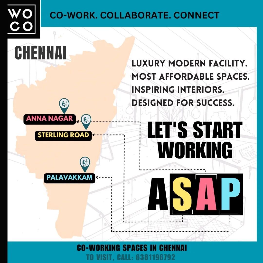 Visit your very own, Chennai-based Co-Working space in Anna Nagar, Sterling Road and Palavakkam. Contact the number or visit our website. Link in bio.

#coworking #coworkingspace #chennaicoworking #entrepreneurship #annangar #palavakkam #nungambakkam