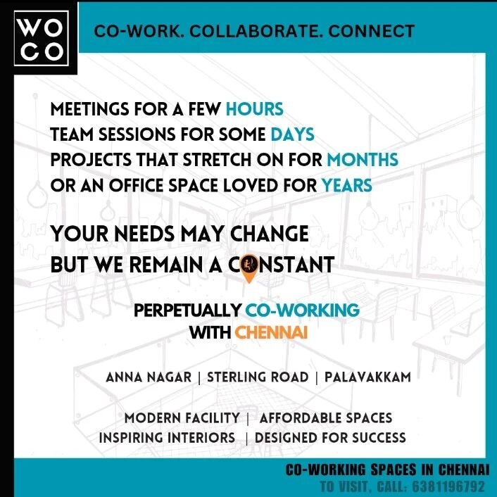 Find your perfect workspace with us at WOCO

#coworking #coworkingspace #chennaicoworking #worktogether #collaboration #connection #people #entrepreneur #annangar #ecr #nungambakkam